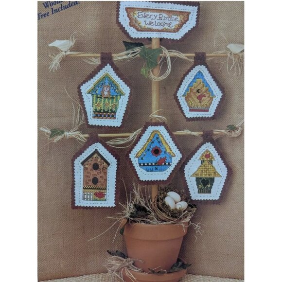 CANDAMAR Designs BIRDHOUSES TREASURE TREES Cross Stitch Kit Complete Wood Dowels - Picture 2 of 3
